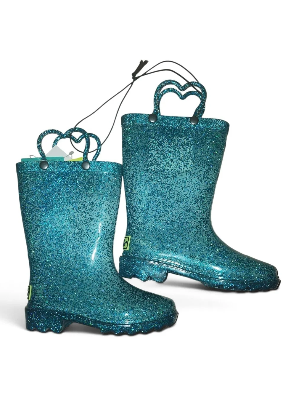 Western Chief Kids Teal Glitter Lights Heart-Handle Pull-On Rain Boots, US 8